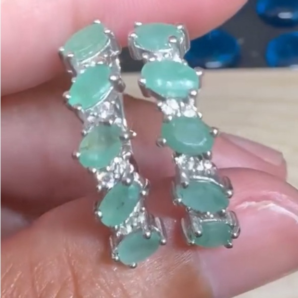 Emeralds and CZ set in Sterling Silver 1” pierced  earrings